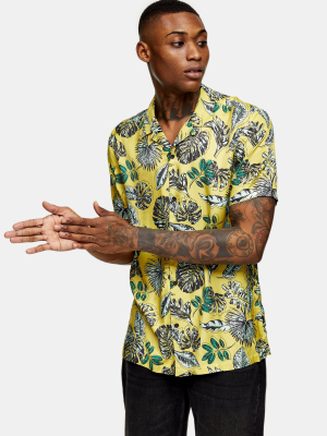 Yellow Satin Leaf Print Slim Shirt