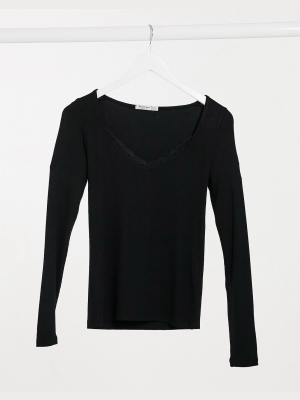 Stradivarius Long Sleeve Top With Lace Trim In Black