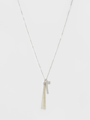 Caged Cubic Zirconia, A Smooth Bar & A Tassel Three Pendant Long Necklace - A New Day™ Silver