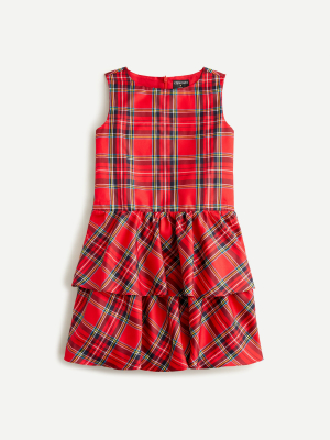 Girls' Tiered Skirt Dress In Red Stewart Tartan