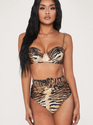 Tiger Print High Waist Push Up Bandeau Bikini Swimsuit - Two Piece Set