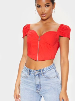 Red Zip Front Puff Sleeve Top