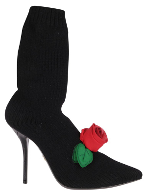 Dolce & Gabbana Knitted Rose Embellished Ankle Boots