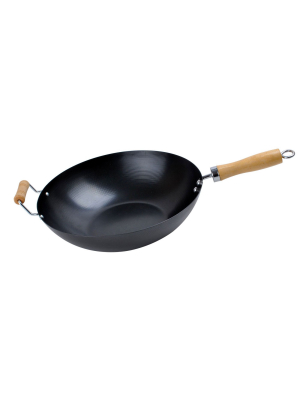 Alpine Cuisine Ai-v34 13.5 Inch Carbon Steel Cooking Wok With Wood Handle, Black