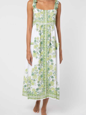 Juliet Dunn Tie Shoulder Dress W/ Rose Border Print - Lined White/pistachio