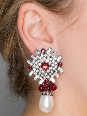 Ruby And White Pearl Drop Pierced Or Clip Earrings