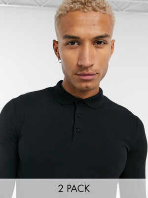 Asos Design Organic Muscle Fit Long Sleeve Jersey Polo 2 Pack