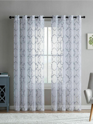 Kate Aurora Lani Geometric Grommet Sheer White Gray Curtain Panels (2 Pack)