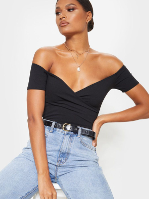 Black Crepe Bardot Wrap Bodysuit