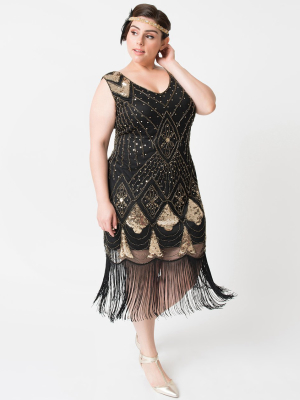 Unique Vintage Plus Size Black & Gold Sequin Lina Fringe Flapper Dress