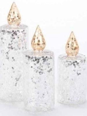 Roman 3ct Glitter Sequined Glass Christmas Pillar Candle Set 10" - Silver