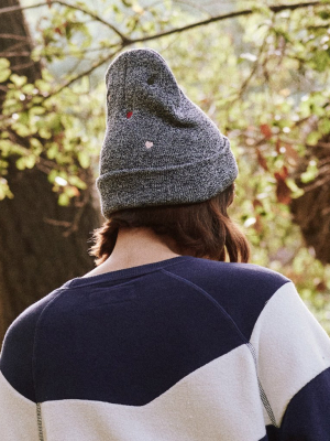 The Embroidered Beanie. -- Heather Navy Heart