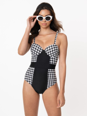 Unique Vintage Black & White Houndstooth Pin-up Clemente Swimsuit