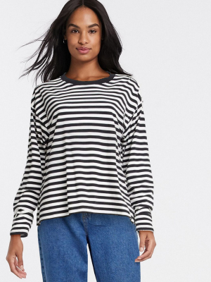 Monki Maja Organic Cotton Long Sleeve Stripe T-shirt In Black And White