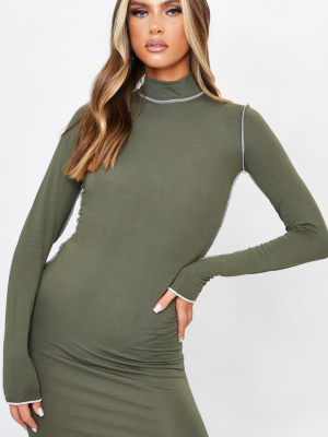 Olive Contrast Stich High Neck Bodycon Dress