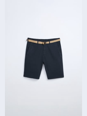 Textured Weave Shorts With Belt