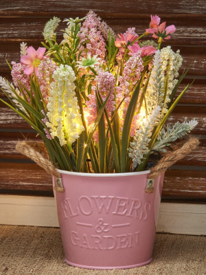 Lakeside Lighted Floral Bucket - Artificial Flower Arrangement With Rustic Basket