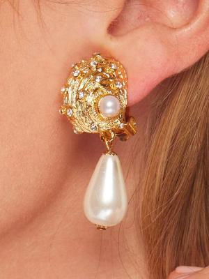 Satin Gold Pearl Drop Seashell Clip Earring