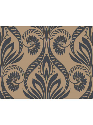 Bonaire Damask Wallpaper In Gold And Black From The Tortuga Collection By Seabrook Wallcoverings