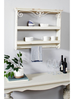 33" X 28" Rectangular Distressed White Wood Wall Shelf With 2 Shelves Towel Rack And Iron Scrollwork - Olivia & May