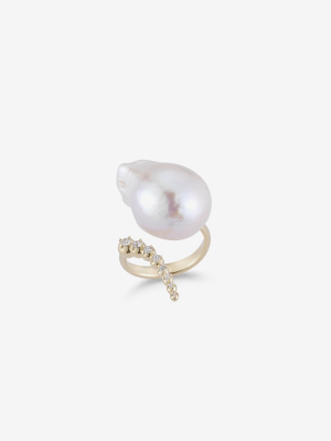 Sea Of Beauty Collection.  Open Multi Diamond And Baroque White Pearl Ring  Sbr42w