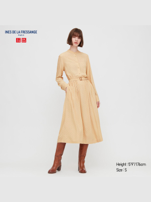 Women Printed Rayon Belted Long-sleeve Dress (ines De La Fressange)