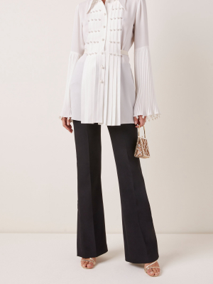 Pearl-embellished Pleated Silk Top