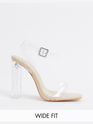 Public Desire Wide Fit Tribute Clear Sandals With Square Toe In Beige