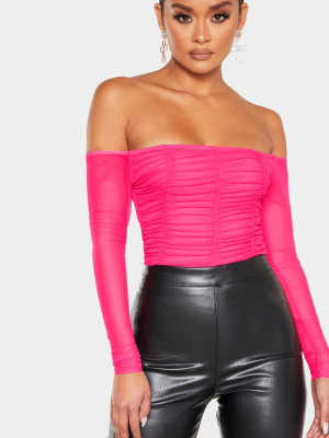 Hot Pink Mesh Ruched Panel Bardot Bodysuit