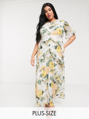 Hope & Ivy Plus Exclusive Midi Dress With Lace Panels In Spring Rose Print