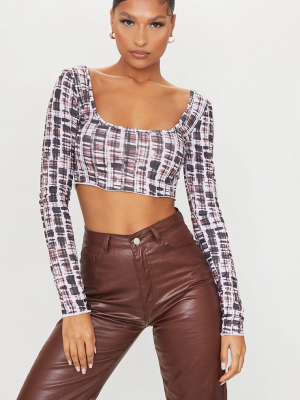 Brown Jersey Check Print Frill Hem Long Sleeve...