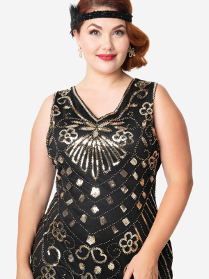 Unique Vintage Plus Size Deco Style Black & Gold Sequin Laurentine Fringe Flapper Dress