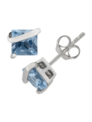 Princess-cut Aquamarine Stud Earrings In Sterling Silver