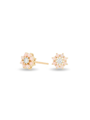 Pink Opal + Diamond Flower Posts In Yellow Gold