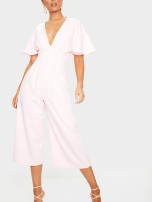 Dusty Pink Pleated Waist Plunge Culotte Jumpsuit