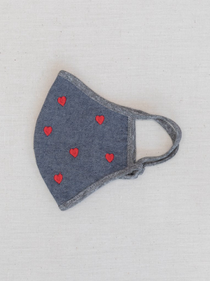 The Embroidered Face Mask. -- Chambray With Red Heart Embroidery