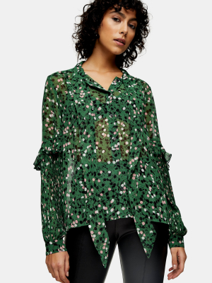 Green Spot Pleated Sleeve Blouse