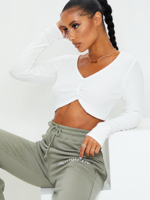 White Brushed Rib Ruched Front Long Sleeve Crop...