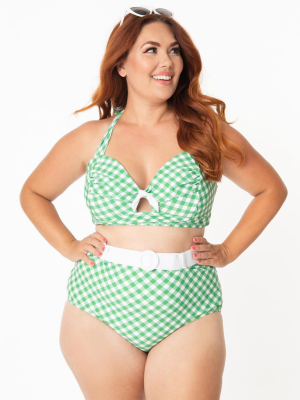 Unique Vintage Plus Size Green & White Gingham Belted Retro Redondo Swim Bottoms