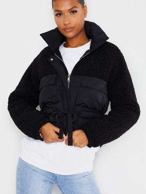 Black Super Cropped Borg Contrast Jacket