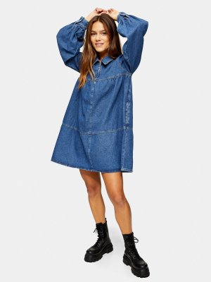 Petite Mid Blue Denim Babydoll Zip Mini Dress