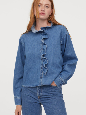 Ruffle-trimmed Denim Blouse