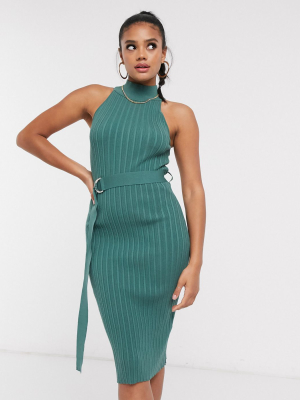 4th + Reckless High Neck Belted Ribbed Midi Dress In Teal