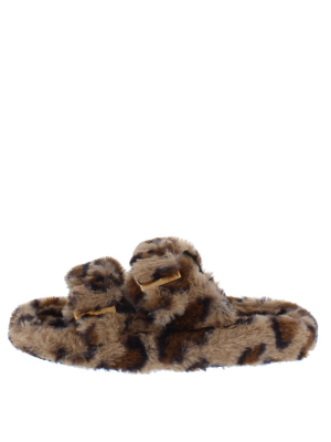 Marie Leopard Faux Fur Open Toe Dual Strap Flat Slide Sandal