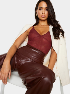 Chocolate Mesh Plunge Strappy Bodysuit