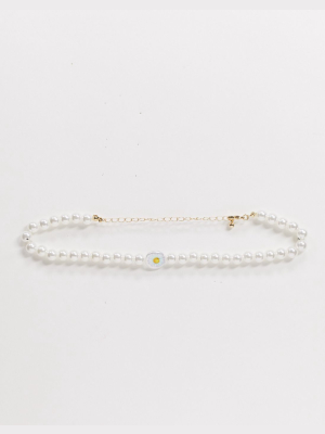 Asos Design Choker Necklace With Daisy Pearl