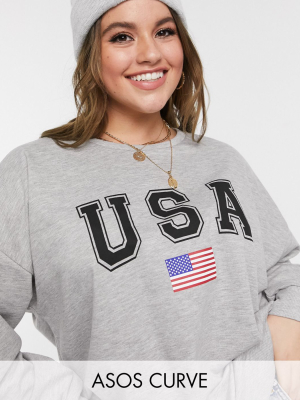 Asos Design Curve Sweatshirt With Usa Print In Gray Marl