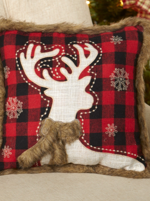 Lakeside Christmas Pillow With Faux Fur - Red And Black Buffalo Plaid - Reindeer