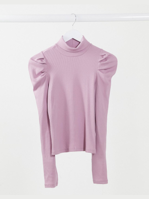 Monki Ronja Organic Cotton Ruched Sleeve Long Sleeve Top In Pink