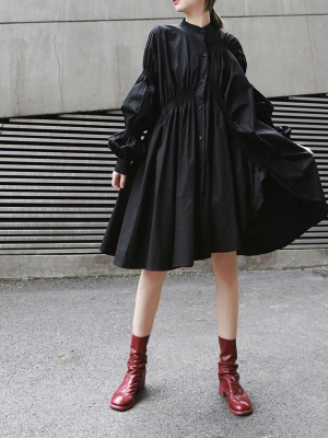 Hotaru Long Sleeve Pleated Shirt Dress - Black